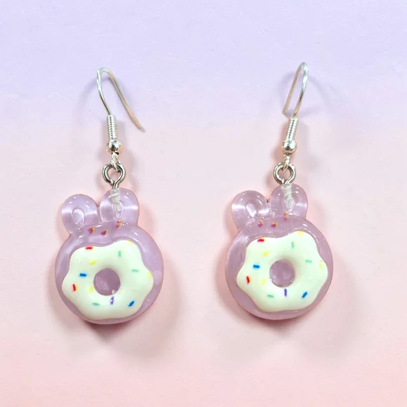 Handmade Lavender Sugar Bunny Donut Earrings | Y2K Kawaii Cute Statement Jewelry - Picture 5 of 5